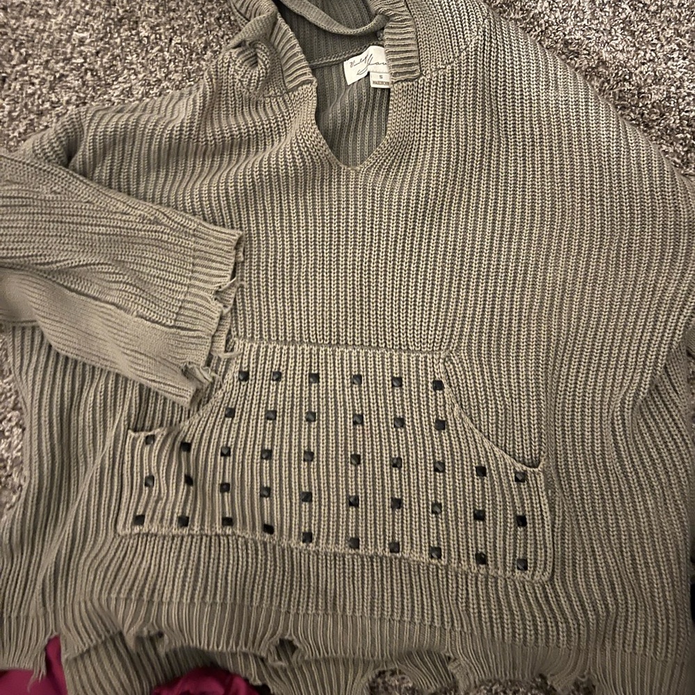 Vintage Havana sweater sz S.  Army green with hood and gems on front pocket
